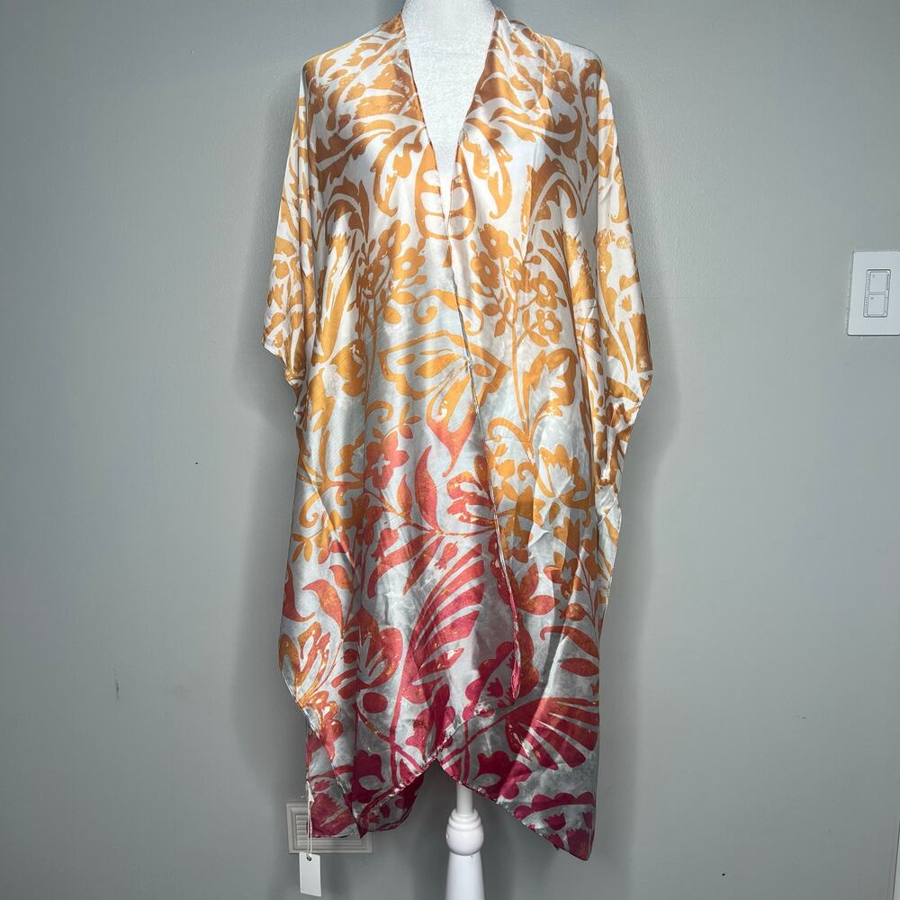 NWT Pretty Persuasions Kimono Robe Cover-Up Silky Floral Damask Orange Pink Boho
